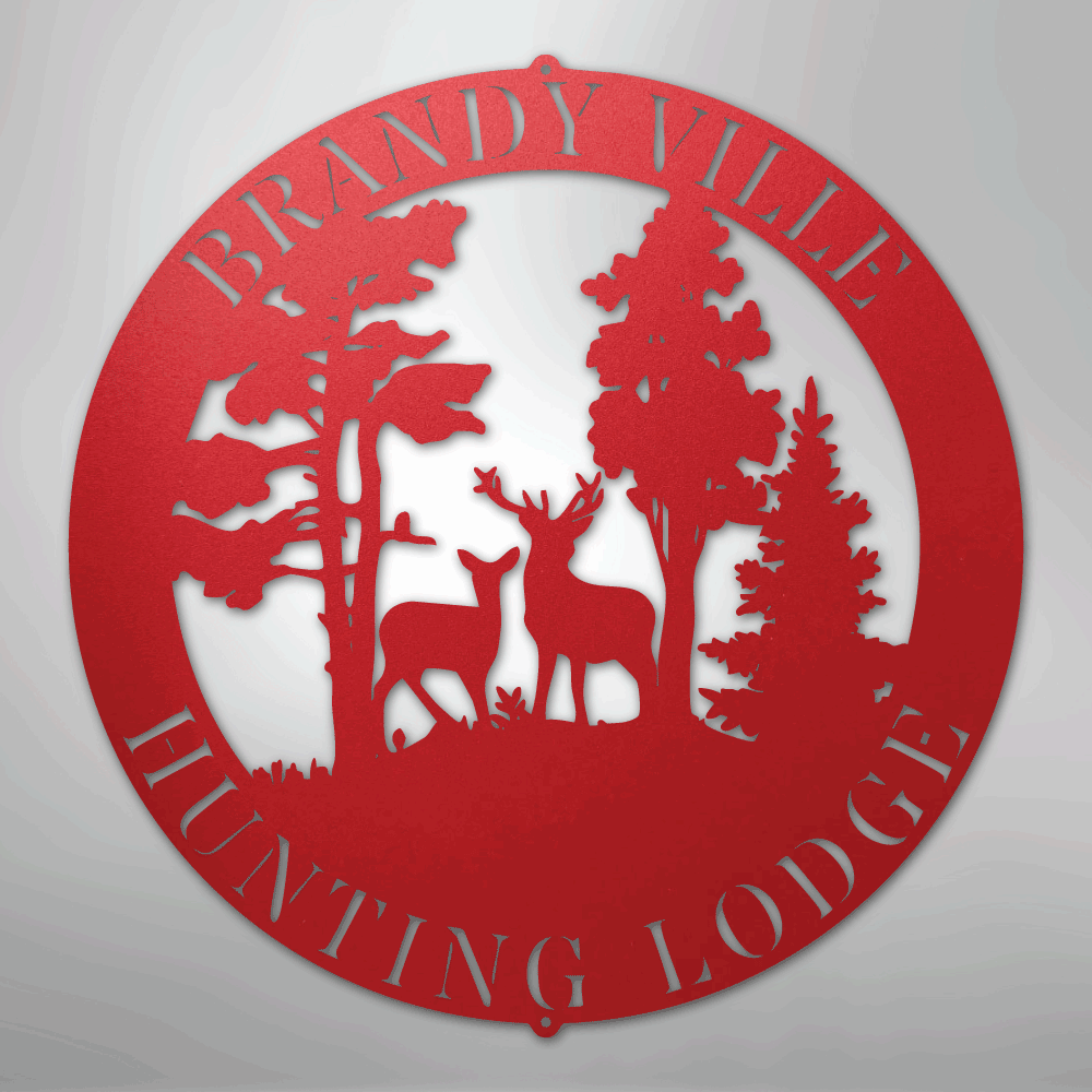 Custom Metal Wall Art - Personalized Deer Forest Monogram Sign Red