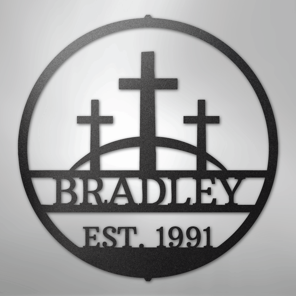 Custom Metal Wall Art - Personalized Three Crosses Name Plaque