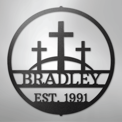 Custom Metal Wall Art - Personalized Three Crosses Name Plaque
