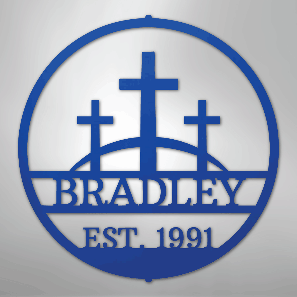 Custom Metal Wall Art - Personalized Three Crosses Name Plaque Blue