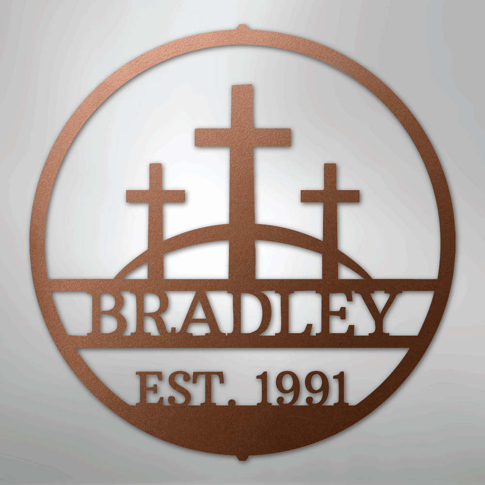 Custom Metal Wall Art - Personalized Three Crosses Name Plaque Copper