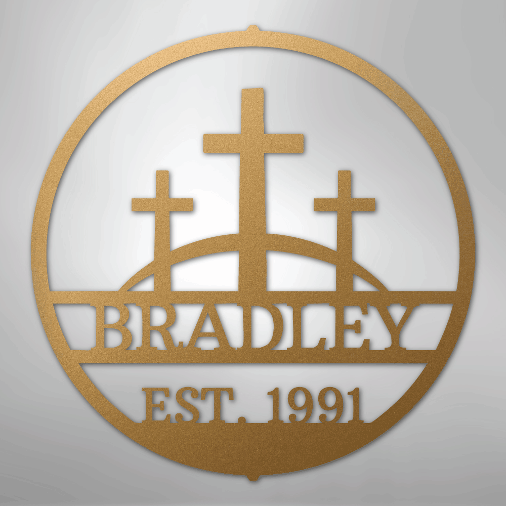Custom Metal Wall Art - Personalized Three Crosses Name Plaque Gold