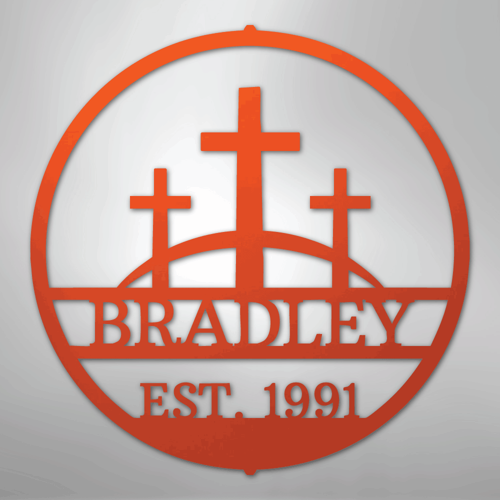 Custom Metal Wall Art - Personalized Three Crosses Name Plaque Orange