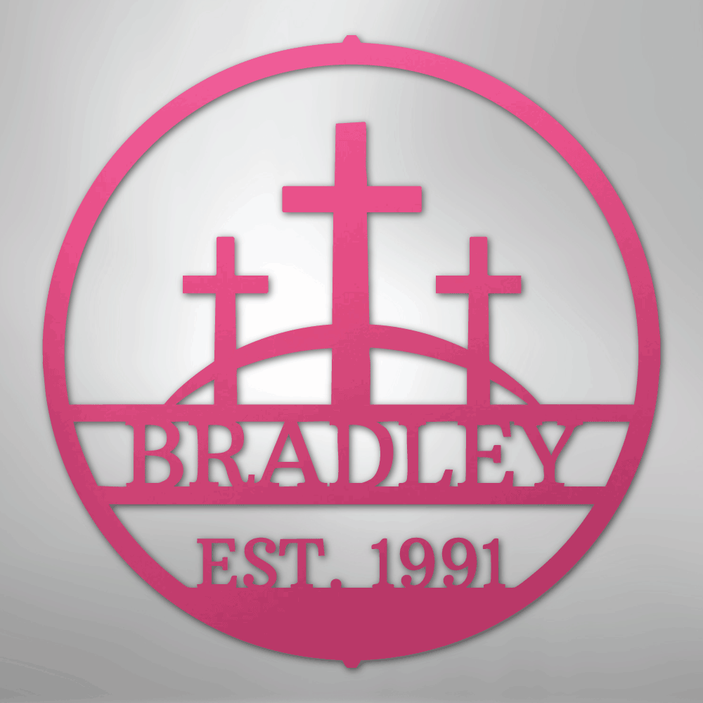 Custom Metal Wall Art - Personalized Three Crosses Name Plaque Pink