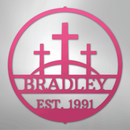Custom Metal Wall Art - Personalized Three Crosses Name Plaque Pink