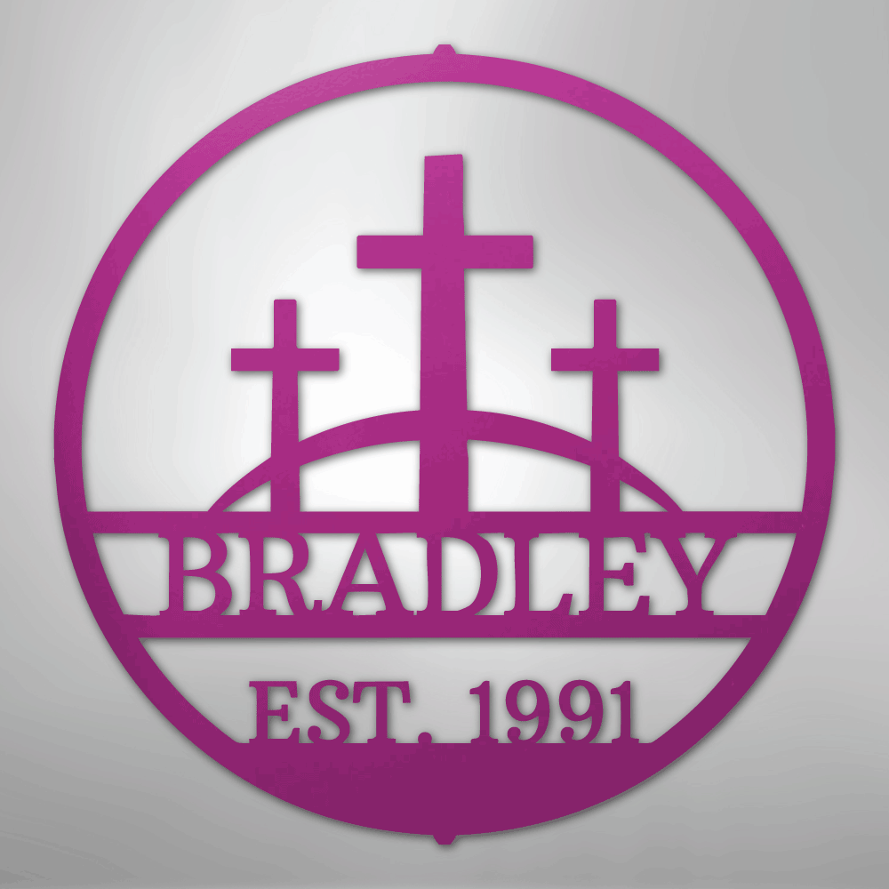 Custom Metal Wall Art - Personalized Three Crosses Name Plaque Purple