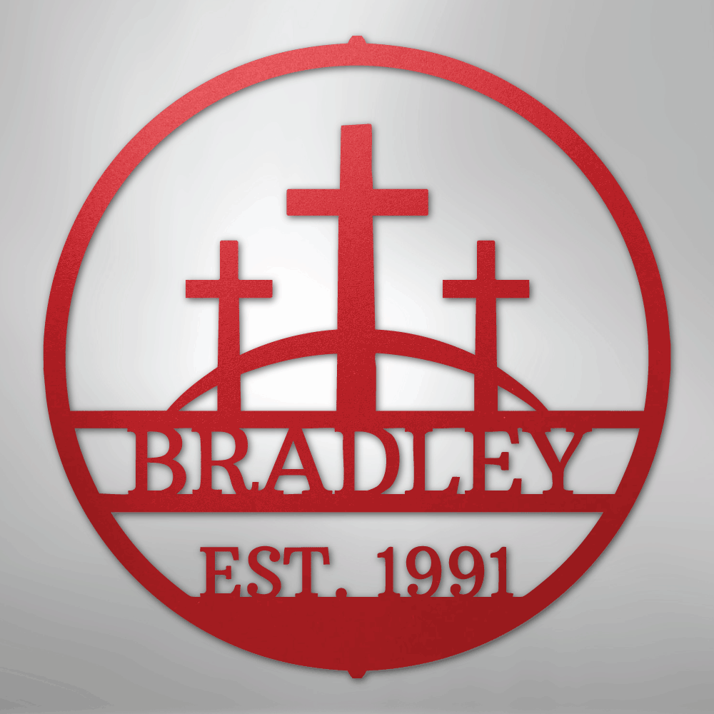 Custom Metal Wall Art - Personalized Three Crosses Name Plaque Red