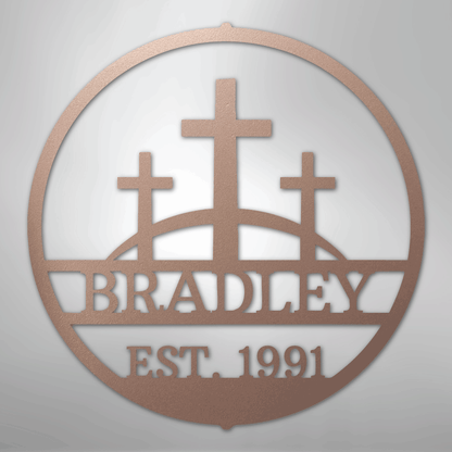 Custom Metal Wall Art - Personalized Three Crosses Name Plaque Rose