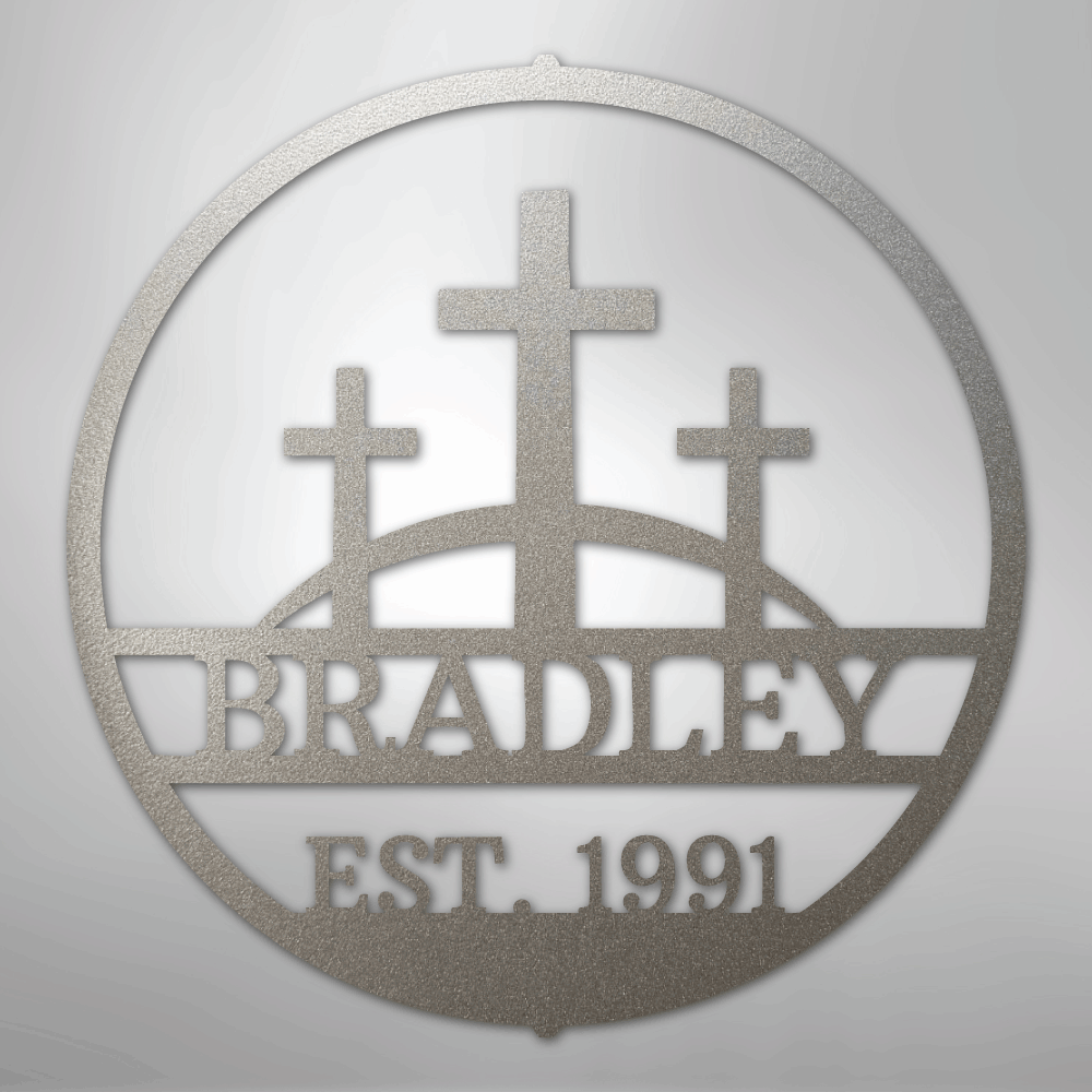 Custom Metal Wall Art - Personalized Three Crosses Name Plaque Silver