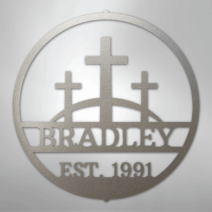 Custom Metal Wall Art - Personalized Three Crosses Name Plaque Silver