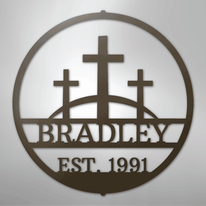 Custom Metal Wall Art - Personalized Three Crosses Name Plaque Stone