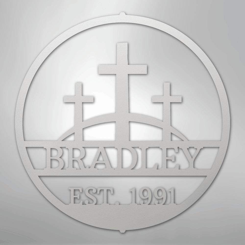 Custom Metal Wall Art - Personalized Three Crosses Name Plaque White