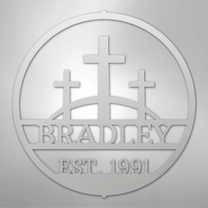 Custom Metal Wall Art - Personalized Three Crosses Name Plaque White