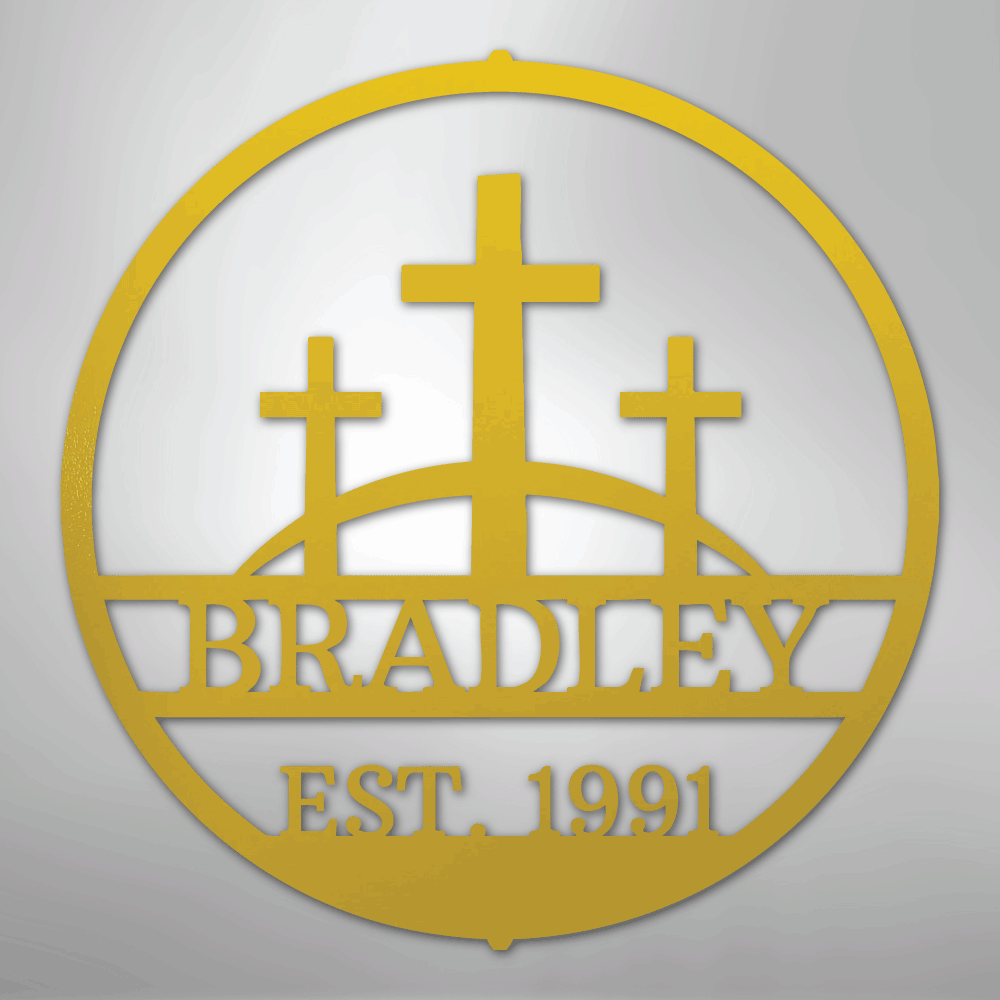 Custom Metal Wall Art - Personalized Three Crosses Name Plaque Yellow