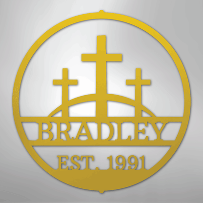 Custom Metal Wall Art - Personalized Three Crosses Name Plaque Yellow