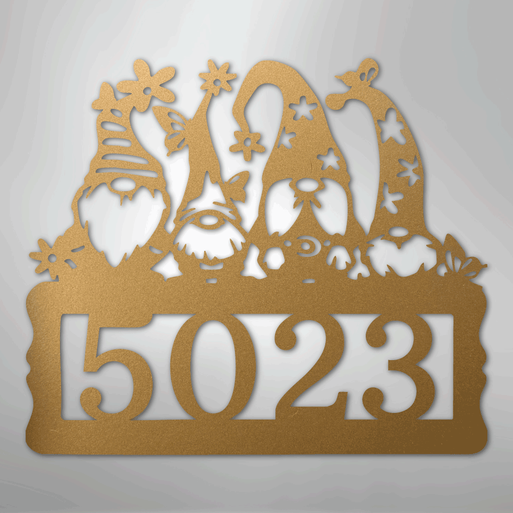 Custom Metal Wall Art - Personalized Gnome Address Sign Gold