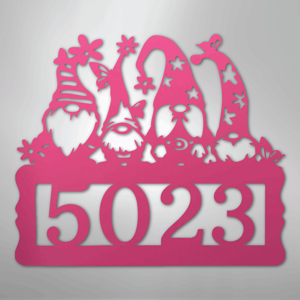 Custom Metal Wall Art - Personalized Gnome Address Sign Pink