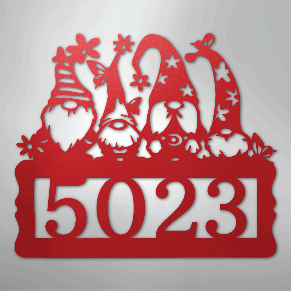Custom Metal Wall Art - Personalized Gnome Address Sign Red