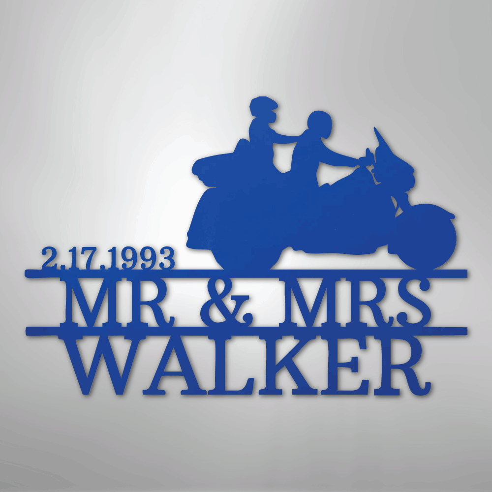 Custom Metal Wall Art - Personalized Biker Couple Name Monogram Blue