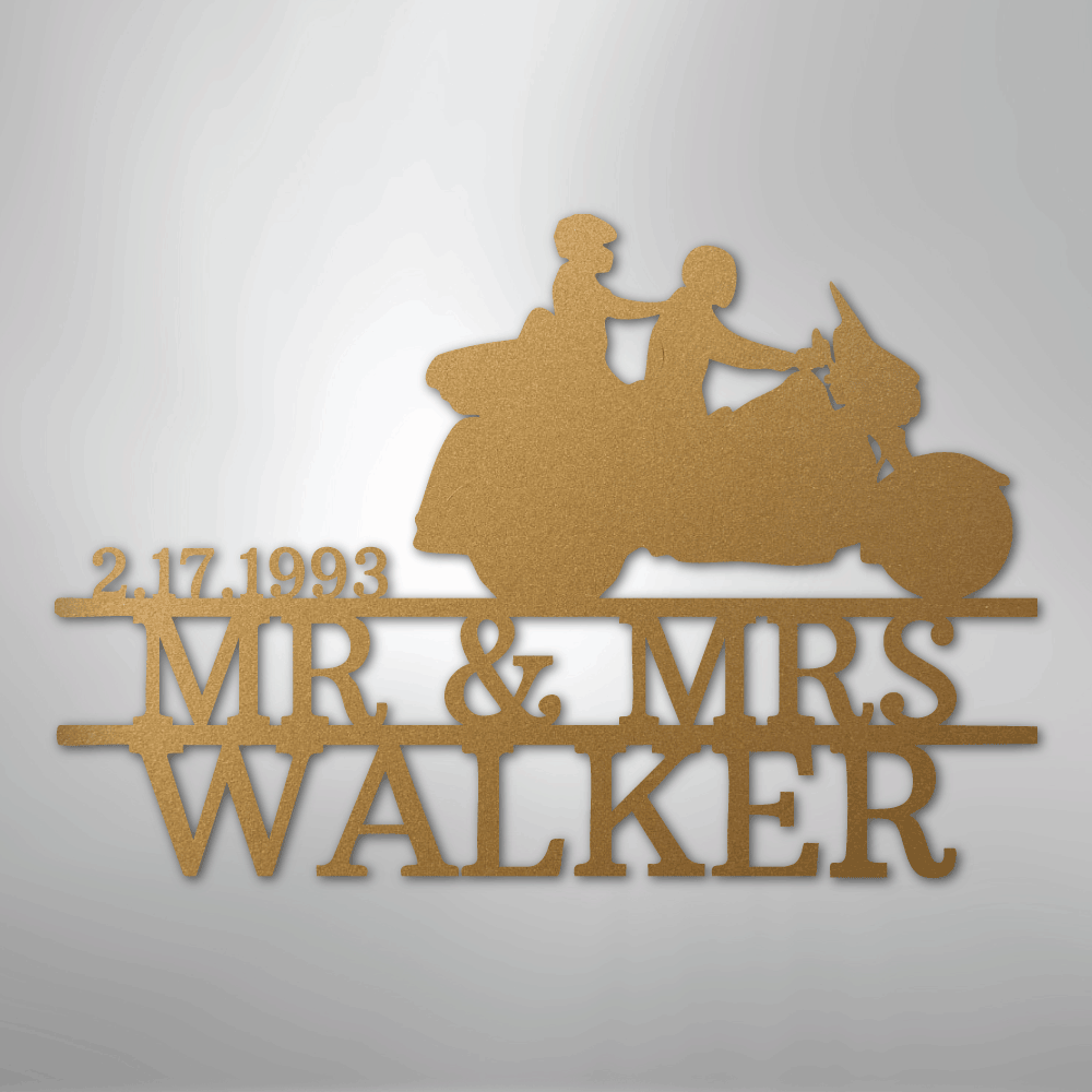 Custom Metal Wall Art - Personalized Biker Couple Name Monogram Gold