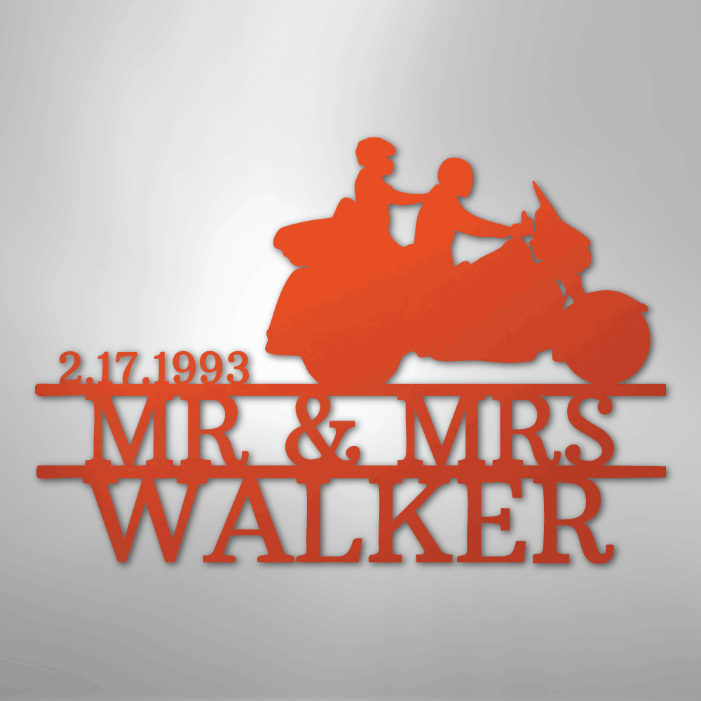 Custom Metal Wall Art - Personalized Biker Couple Name Monogram Orange