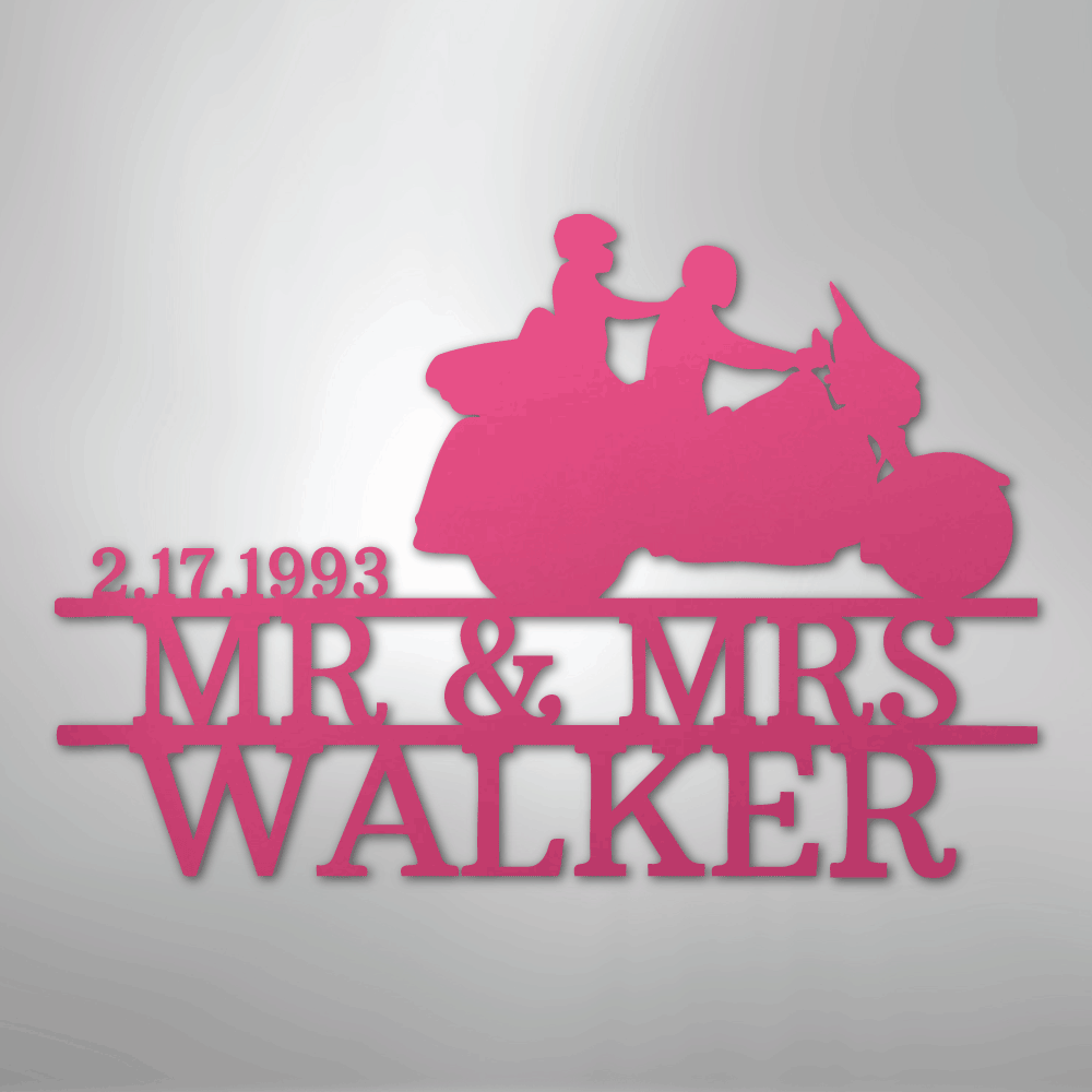 Custom Metal Wall Art - Personalized Biker Couple Name Monogram Pink
