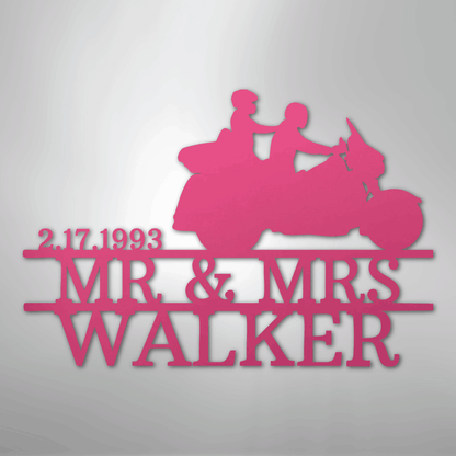 Custom Metal Wall Art - Personalized Biker Couple Name Monogram Pink