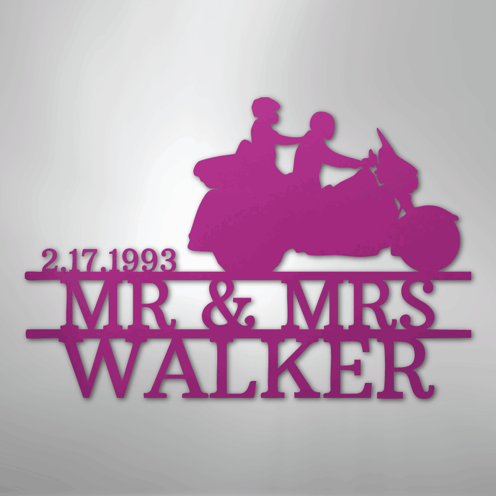 Custom Metal Wall Art - Personalized Biker Couple Name Monogram Purple