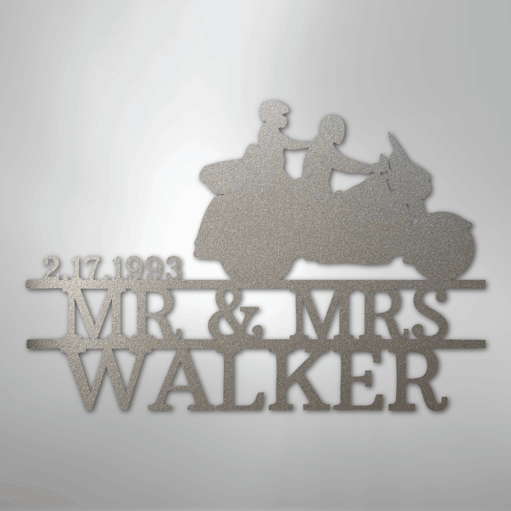 Custom Metal Wall Art - Personalized Biker Couple Name Monogram Silver