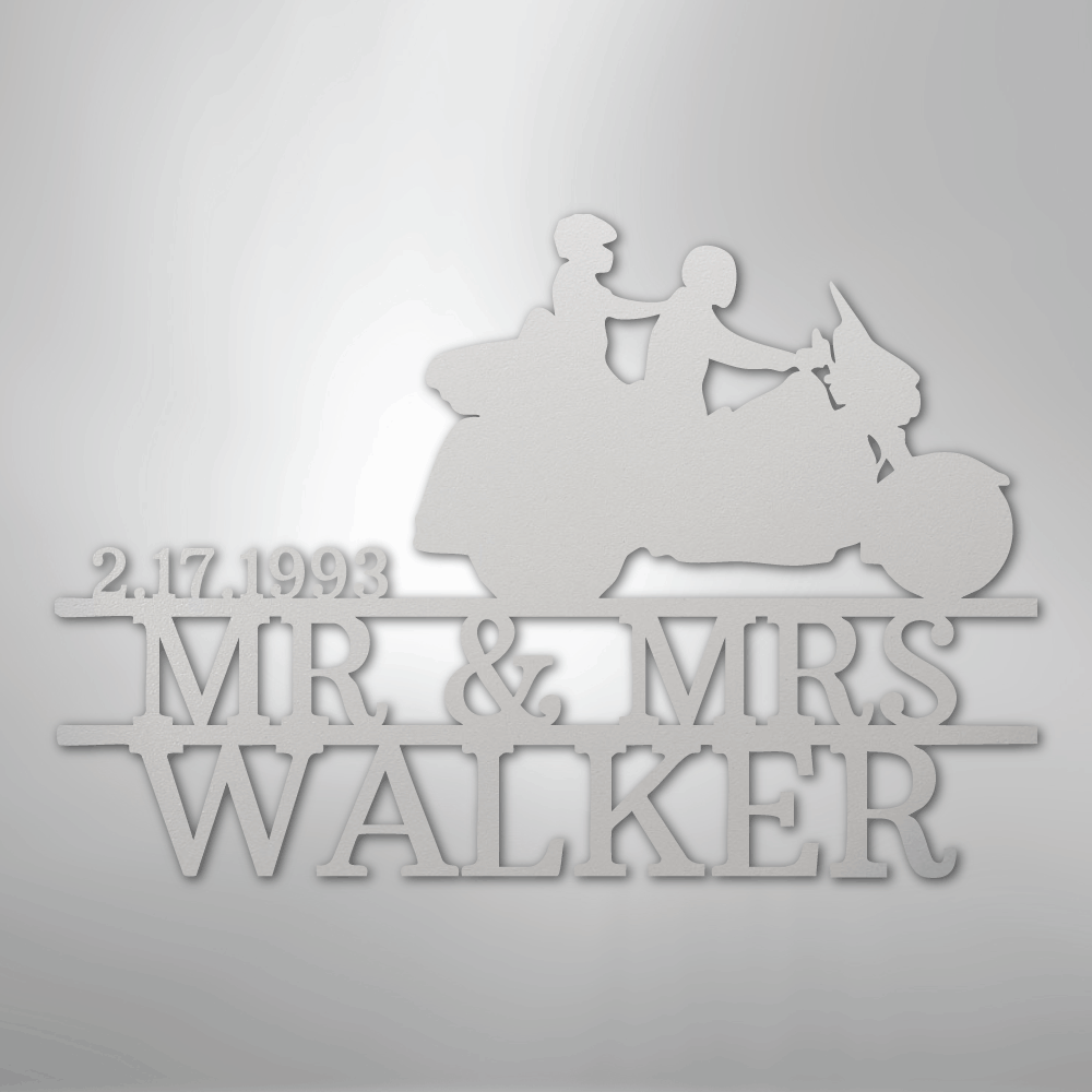 Custom Metal Wall Art - Personalized Biker Couple Name Monogram White
