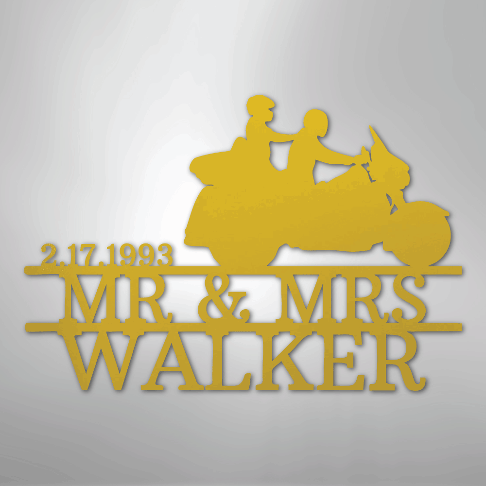 Custom Metal Wall Art - Personalized Biker Couple Name Monogram Yellow