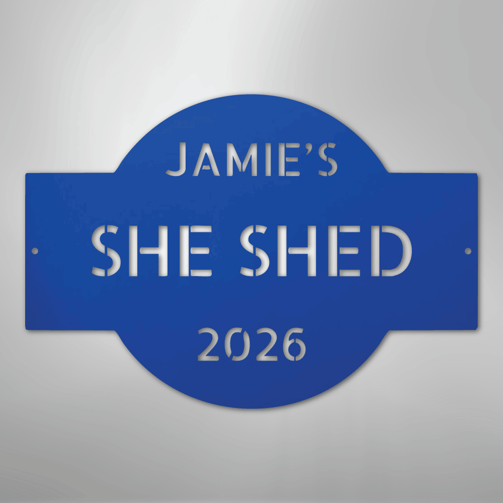 Custom Metal Wall Art - Personalized Family Name Shed Monogram Sign Blue