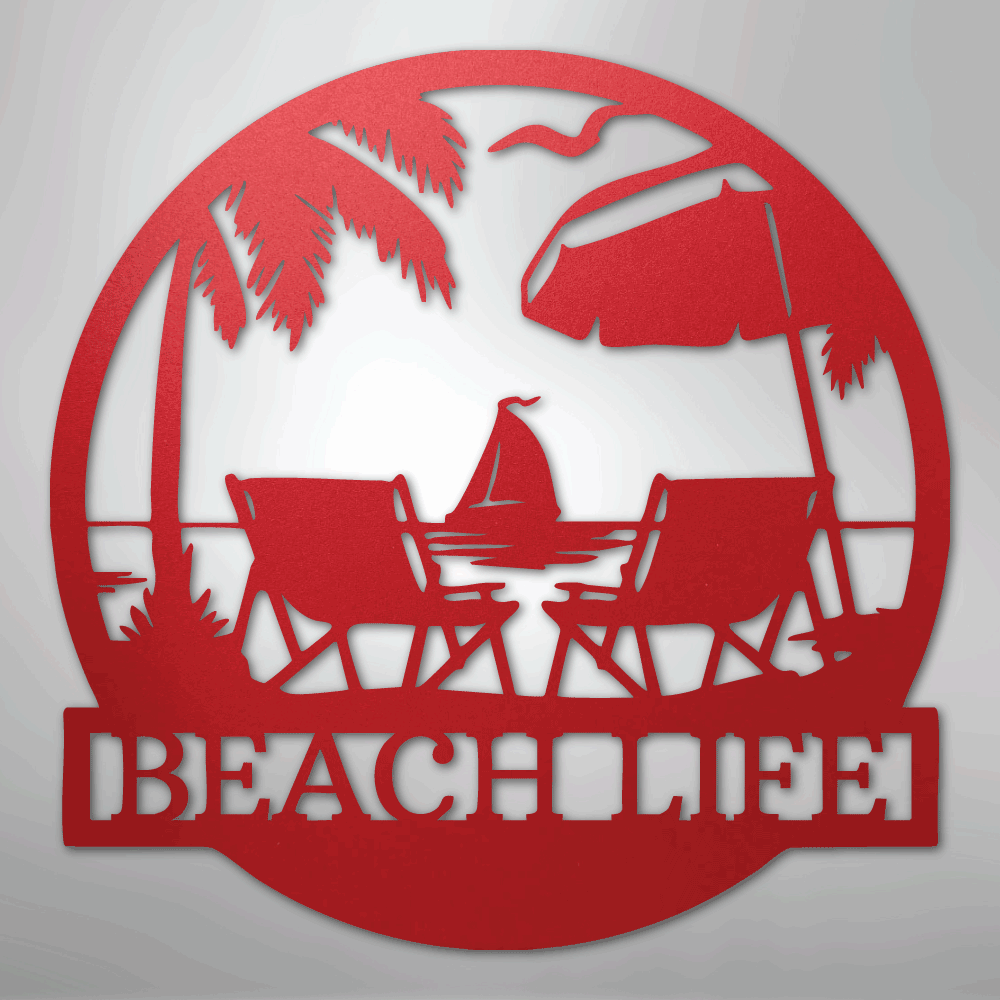 Custom Metal Wall Art - Personalized Beach Sign Red