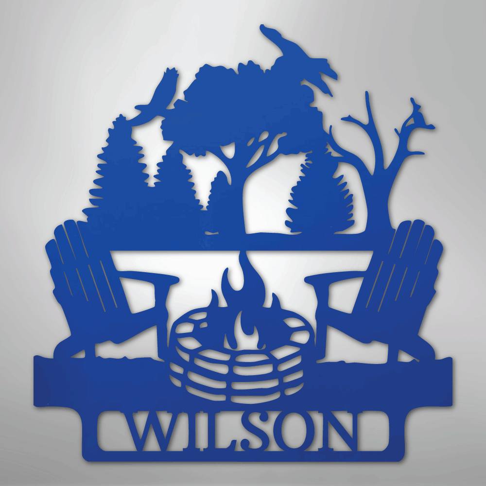 Custom Metal Wall Art - Personalized Campsite Name Monogram Sign Blue