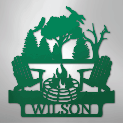 Custom Metal Wall Art - Personalized Campsite Name Monogram Sign Green