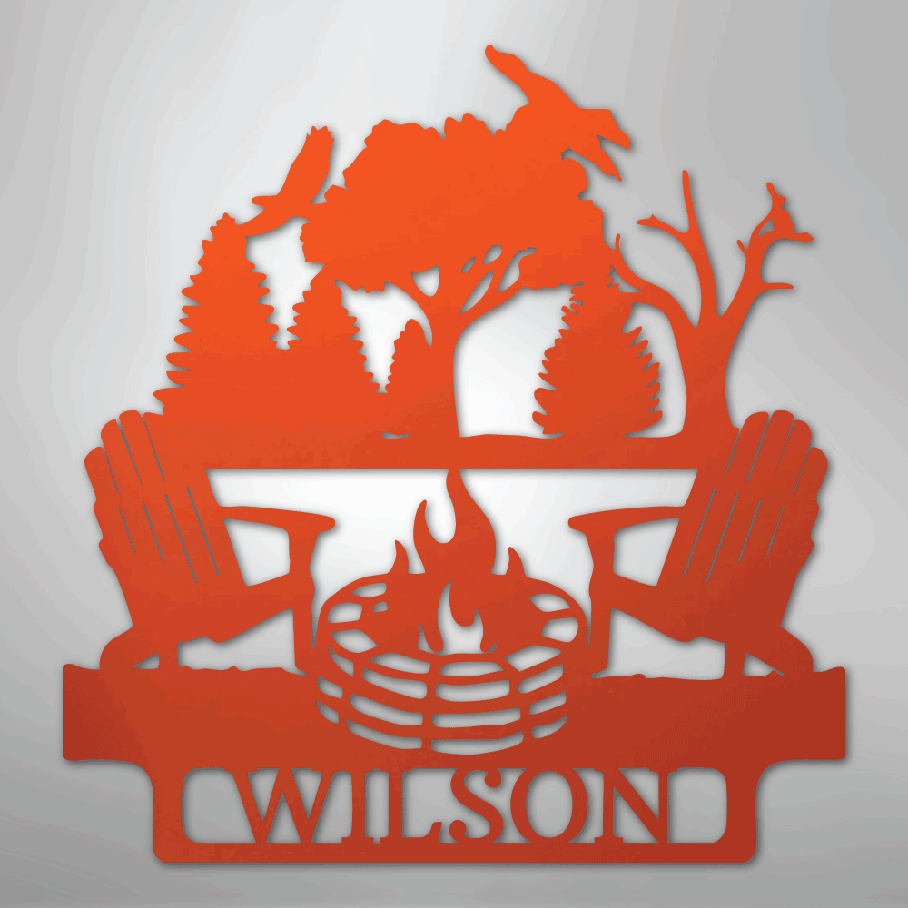 Custom Metal Wall Art - Personalized Campsite Name Monogram Sign Orange
