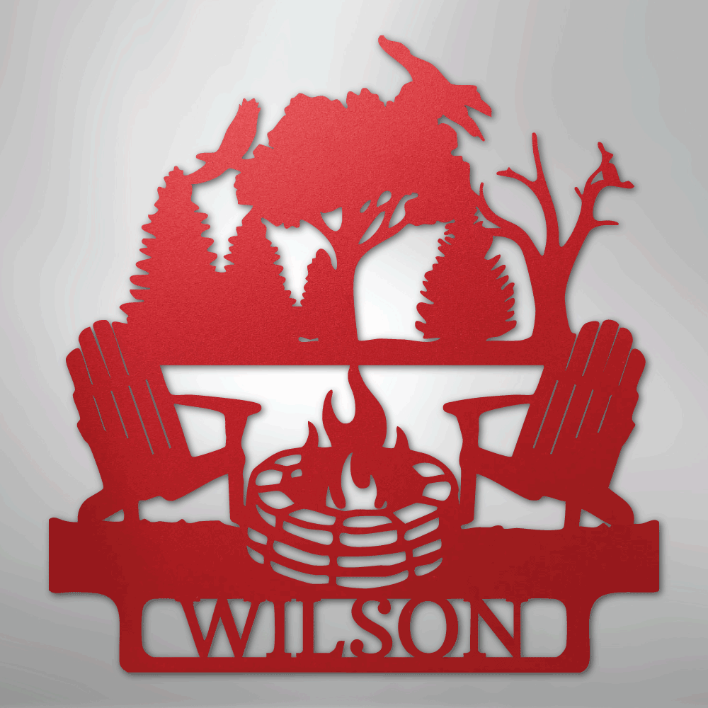 Custom Metal Wall Art - Personalized Campsite Name Monogram Sign Red