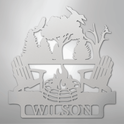 Custom Metal Wall Art - Personalized Campsite Name Monogram Sign White
