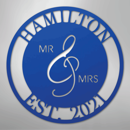 Custom Metal Wall Art - Personalized Mr and Mrs Wedding Sign Blue