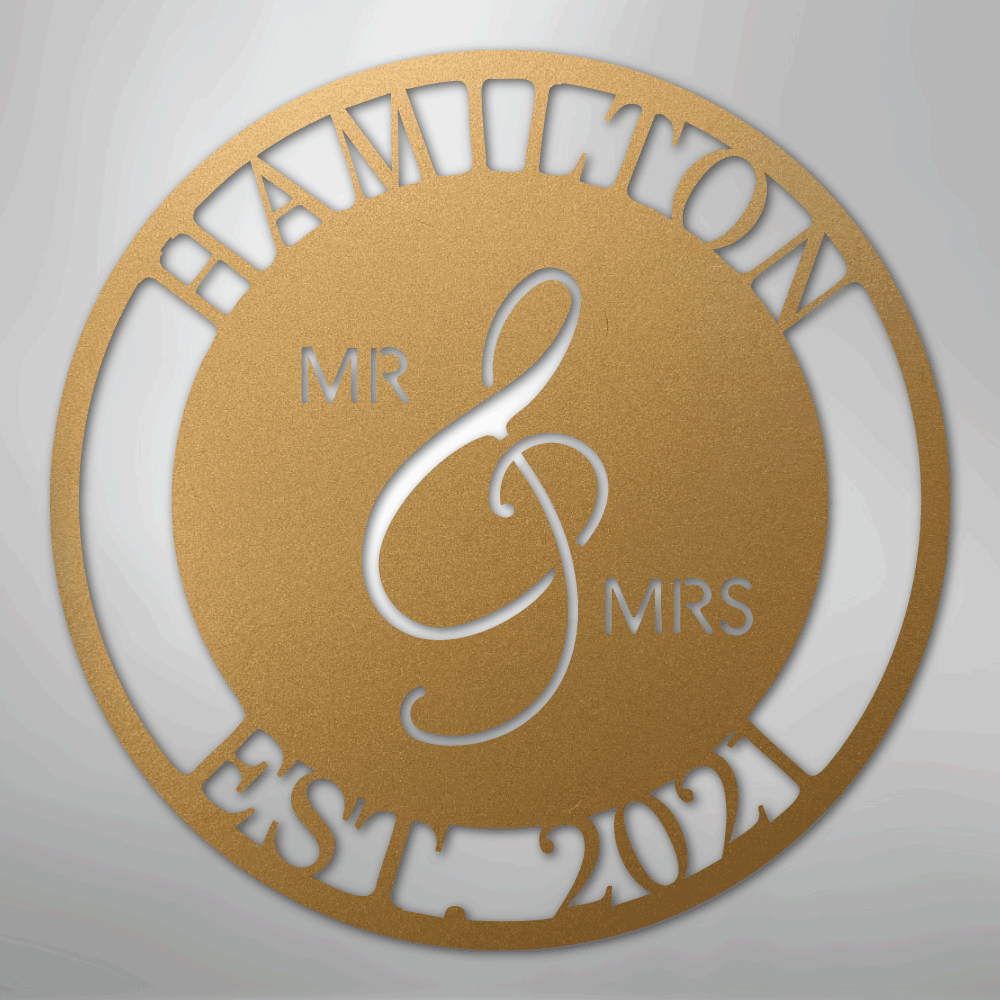 Custom Metal Wall Art - Personalized Mr and Mrs Wedding Sign Gold