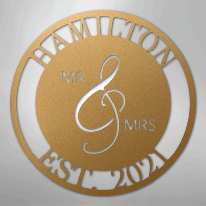 Custom Metal Wall Art - Personalized Mr and Mrs Wedding Sign Gold