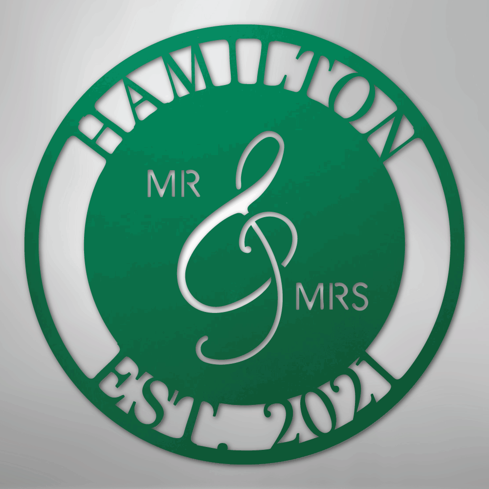 Custom Metal Wall Art - Personalized Mr and Mrs Wedding Sign Green