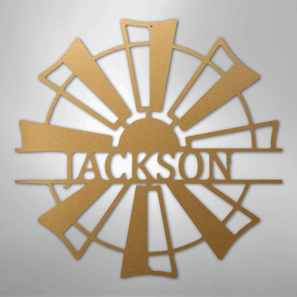 Custom Metal Wall Art - Personalized Farmhouse Windmill Monogram Sign Gold