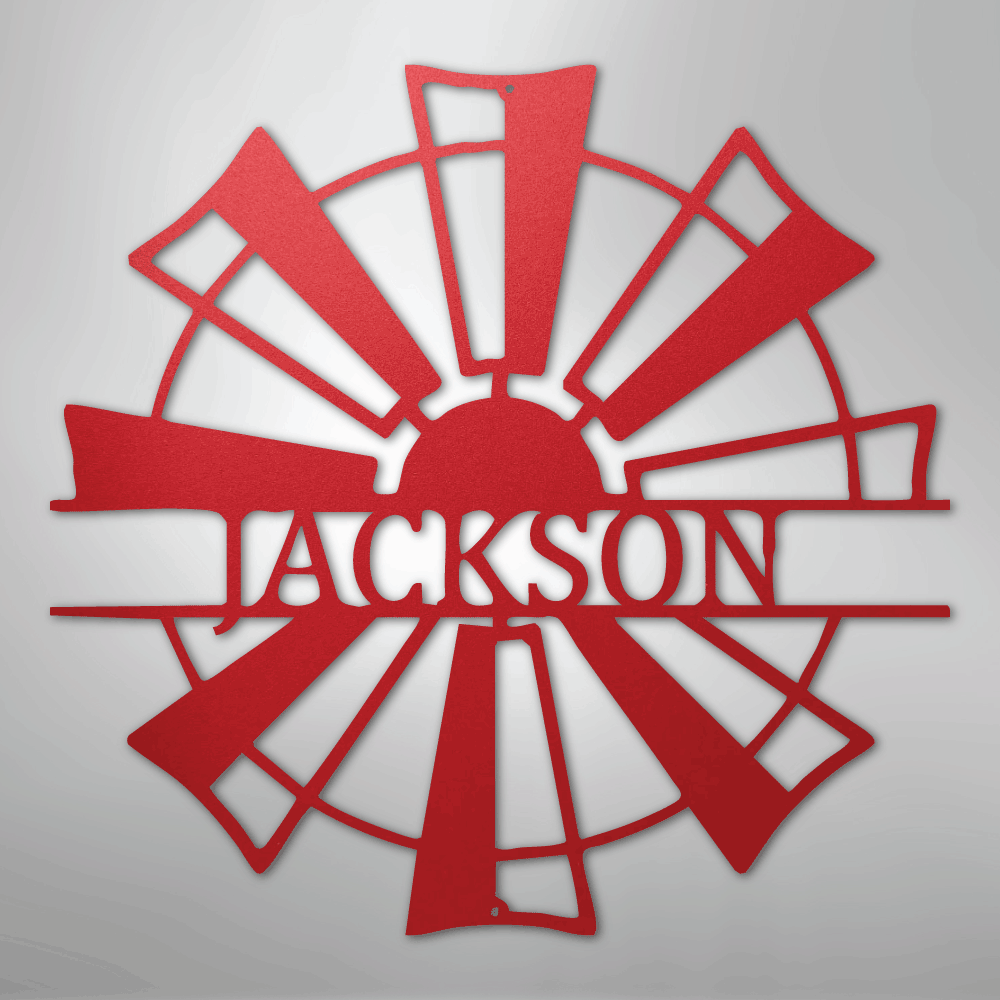 Custom Metal Wall Art - Personalized Farmhouse Windmill Monogram Sign Red
