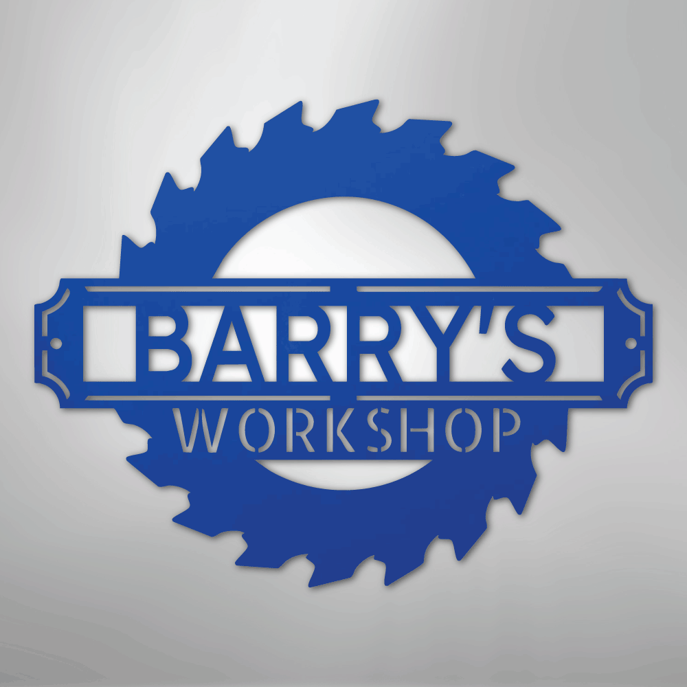 Custom Metal Wall Art - Personalized Workshop Name Sign Blue