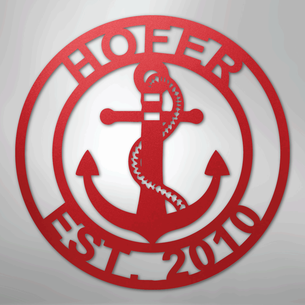 Custom Metal Wall Art - Anchor Family Name Monogram Sign Red
