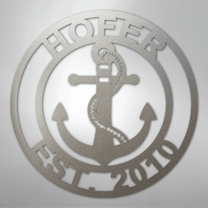 Custom Metal Wall Art - Anchor Family Name Monogram Sign Silver
