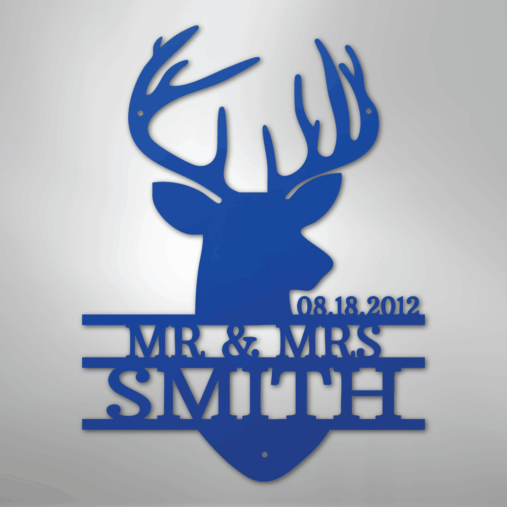Custom Metal Wall Art - Personalized Deer Antler Head Monogram Sign Blue