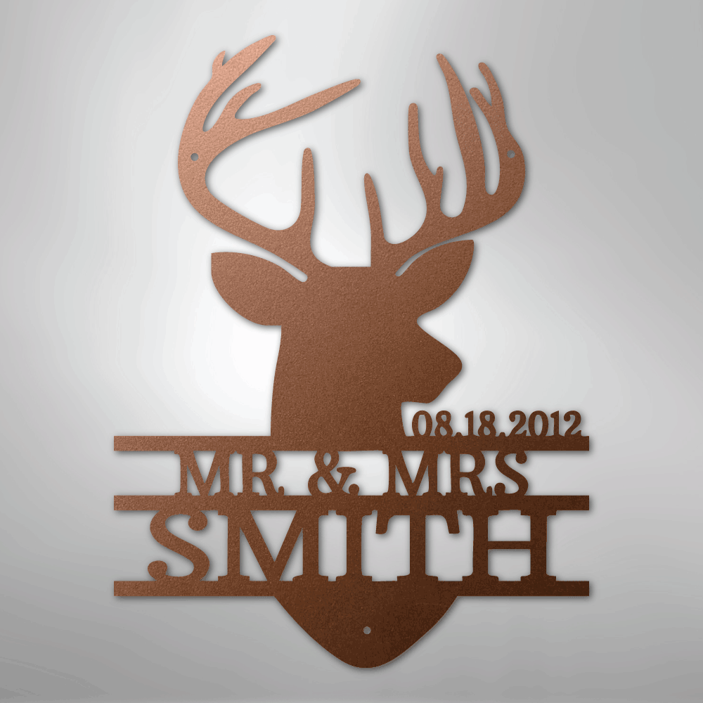Custom Metal Wall Art - Personalized Deer Antler Head Monogram Sign Copper
