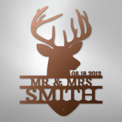 Custom Metal Wall Art - Personalized Deer Antler Head Monogram Sign Copper